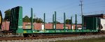 IARX 219 04-2021 built Liberty Rail Services 70-foot bulkhead flat car with log bunkers on CSX Athens AL 7-52PM 09-10-2021